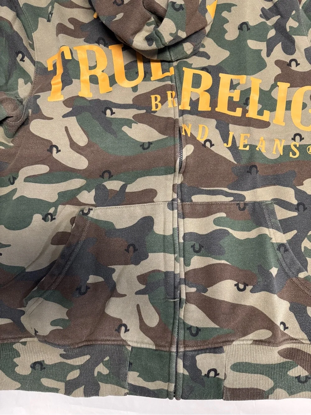 True Religion Green Camo Zip Hoodie with Yellow Logo